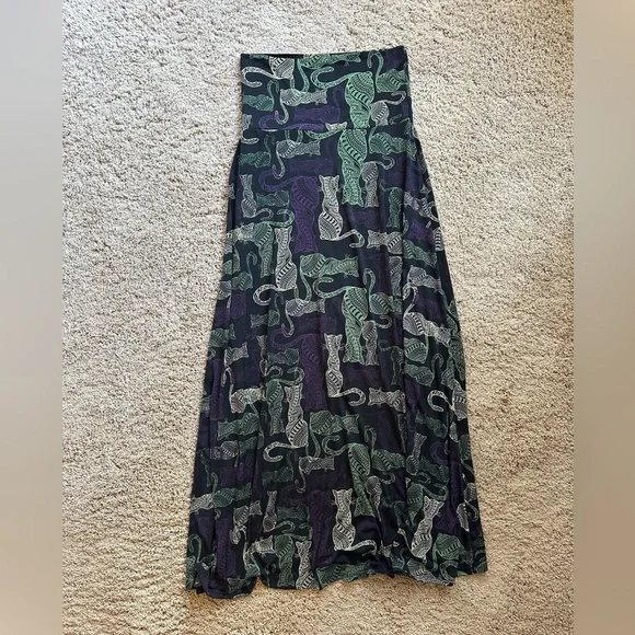 LuLaRoe Cat Print Maxi Skirt - Black and Green XS - Picture 1 of 2